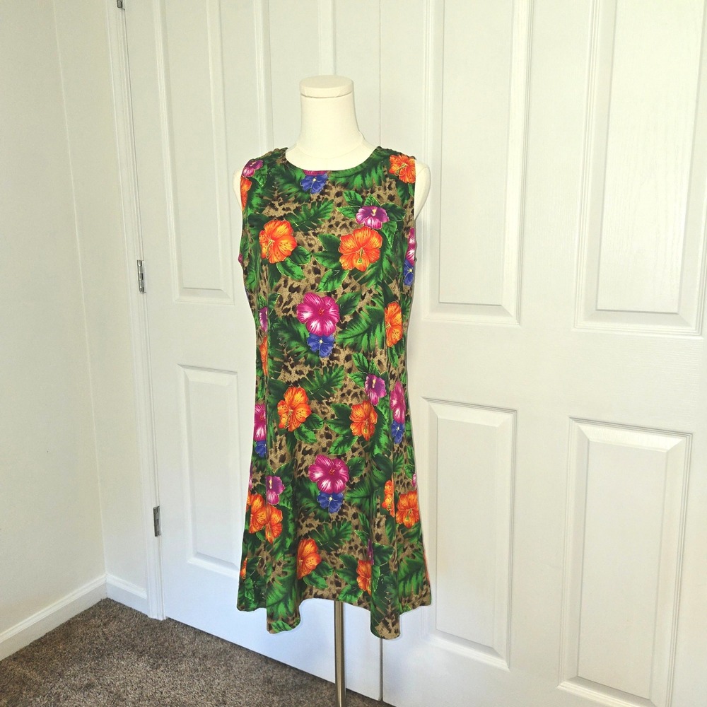 Notations Clothing Co Tropical Leopard Dress Womens M Green Floral‎ Shift 90s